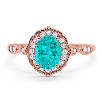 Antique Style Wedding Ring Oval Rose Tone, Simulated Paraiba Tourmaline CZ 925 Sterling Silver